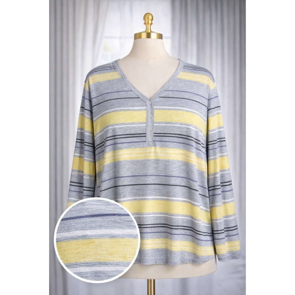 Croft‎ & Barrow 2X Cotton Knit Henley Top 3 Button V-Neck Yellow Gray Stripes